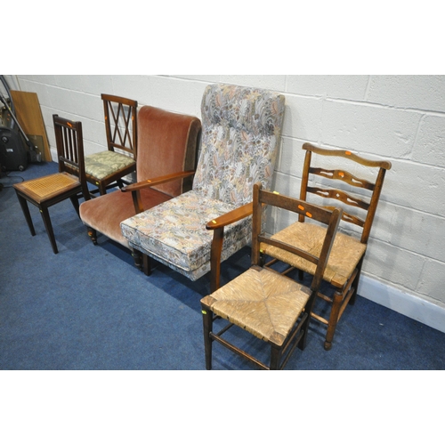 1302 - A SELECTION OF VARIOUS CHAIRS, to include a late 19th/early 20th century chair, on turned front legs... 