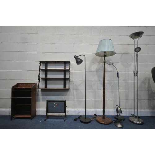 1304 - A SELECTION OF LAMPS, to include four various standard lamps, a table lamp, an oak three tier magazi... 