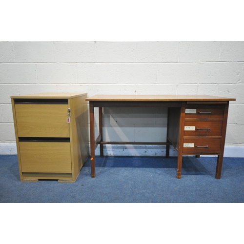 1305 - A MID CENTURY DESK, with three drawers, width 122cm x depth 61cm x height 72cm, along with a beech t... 