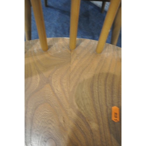 1308 - A SET OF FIVE ERCOL ELM AND BEECH QUAKER BACK CHAIRS, model number 365, all with floral seat pads (c... 