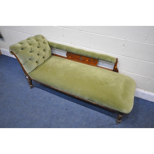 1326 - AN EDWARDIAN WALNUT CHAISE LOUNGE, with foliate detail, and green upholstery, length 170cm x depth 6... 