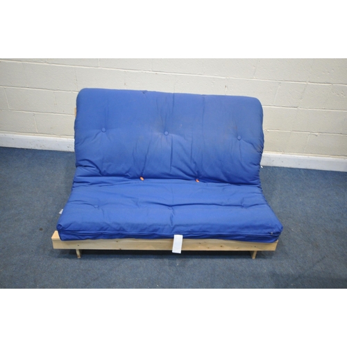 1332 - A MODERN PINE FRAME KYOTO FUTON, with blue upholstery (condition - ideal for a clean)