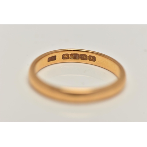 11 - A 22CT GOLD BAND RING, polished band, approximate band width 2.8mm, hallmarked 22ct Birmingham, ring... 