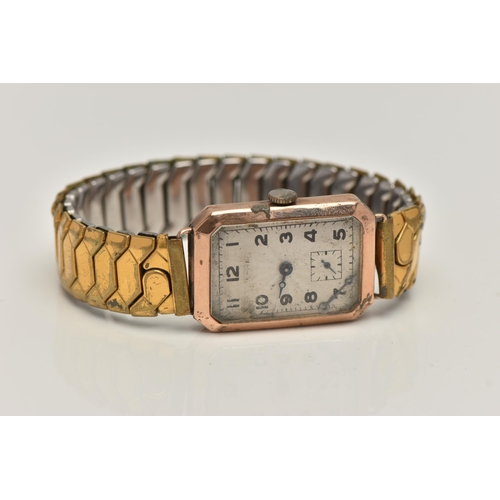 28 - A GENTS 9CT GOLD WRISTWATCH, manual wind, rectangular textured silver dial, Arabic numerals, subsidi... 