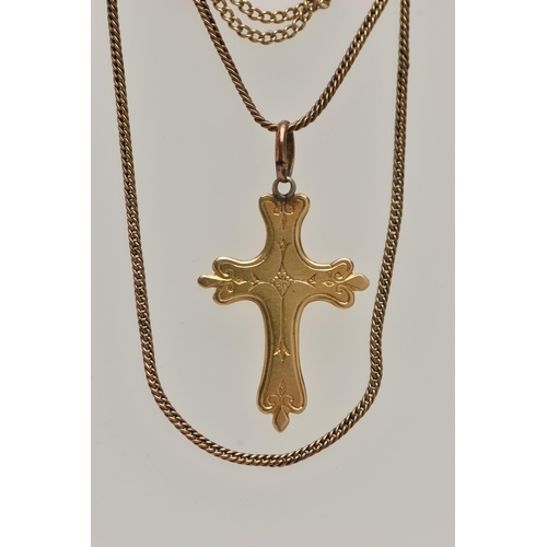 29 - TWO YELLOW METAL CHAINS AND A CROSS PENDANT, the first a fine curb link chain with spring clasp, sta... 