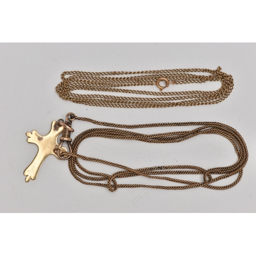 29 - TWO YELLOW METAL CHAINS AND A CROSS PENDANT, the first a fine curb link chain with spring clasp, sta... 