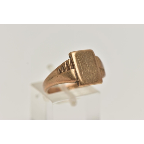 35 - A 9CT GOLD SIGNET RING, yellow gold, rectangular signet with very worn engraved initials, textured s... 