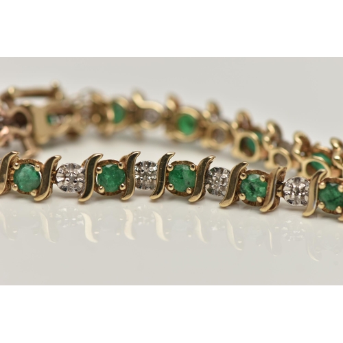 44 - A 9CT GOLD EMERALD AND DIAMOND LINE BRACELET, alternating circular cut emeralds and single cut diamo... 