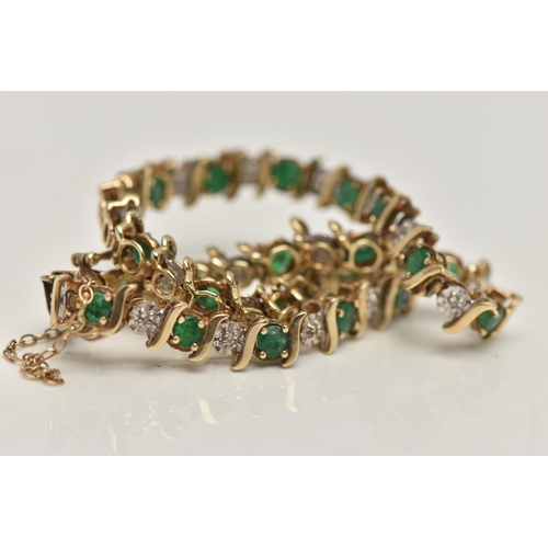 44 - A 9CT GOLD EMERALD AND DIAMOND LINE BRACELET, alternating circular cut emeralds and single cut diamo... 