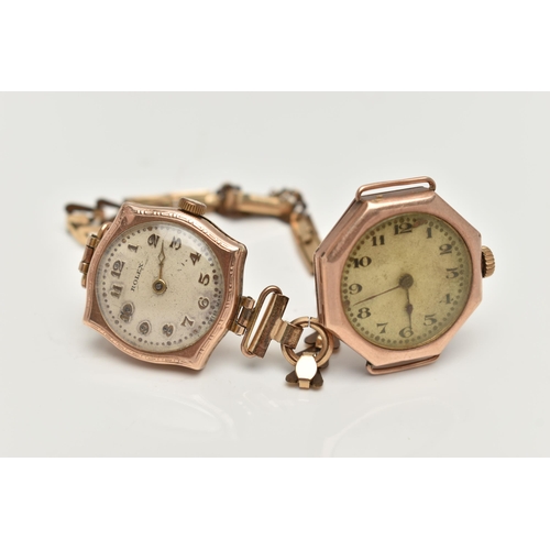 49 - TWO LADYS 9CT GOLD EARLY 20TH CENTURY 'ROLEX' WRISTWATCHES, the first an AF manual wind watch head, ... 