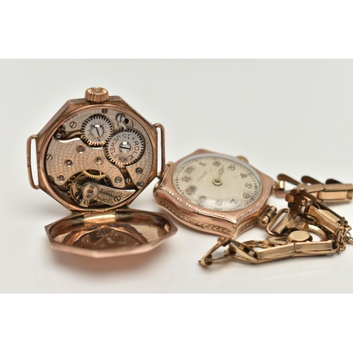 49 - TWO LADYS 9CT GOLD EARLY 20TH CENTURY 'ROLEX' WRISTWATCHES, the first an AF manual wind watch head, ... 