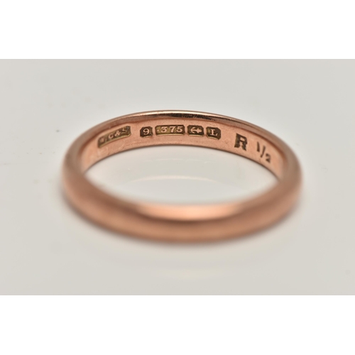 5 - A 9CT ROSE GOLD BAND RING, polished band, hallmarked 9ct Birmingham, approximate band width 3.7mm, r... 