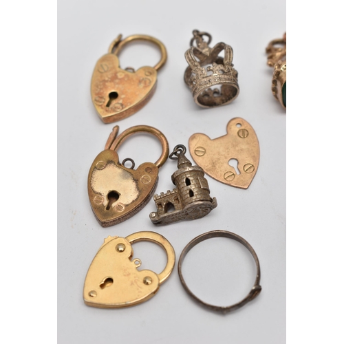 54 - AN ASSORTMENT OF GOLD SILVER AND OTHER JEWELLERY ITEMS, to include a 9ct gold heart padlock clasp, a... 