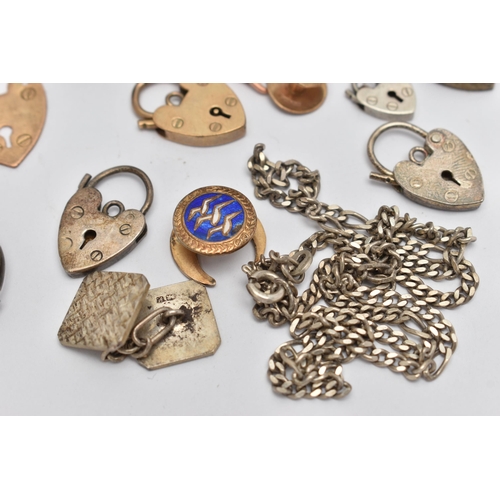 54 - AN ASSORTMENT OF GOLD SILVER AND OTHER JEWELLERY ITEMS, to include a 9ct gold heart padlock clasp, a... 