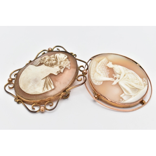 55 - TWO YELLOW METAL CAMEO BROOCHES, the first of an oval form, carved shell depicting Hebe and Zeus in ... 