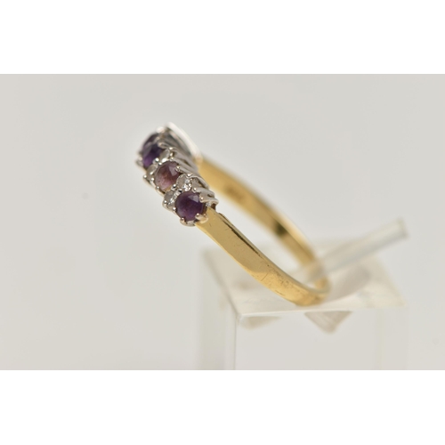 64 - A 18CT GOLD DIAMOND AND AMETHYST RING, five circular cut amethyst stones interspaced with round bril... 