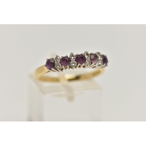 64 - A 18CT GOLD DIAMOND AND AMETHYST RING, five circular cut amethyst stones interspaced with round bril... 