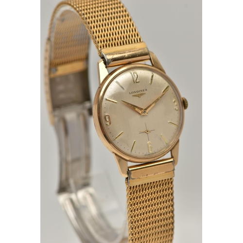 65 - A BOXED GENTS 'LONGINES' 9CT GOLD WRISTWATCH, manual wind, round silvered dial signed 'Longines', Ar... 