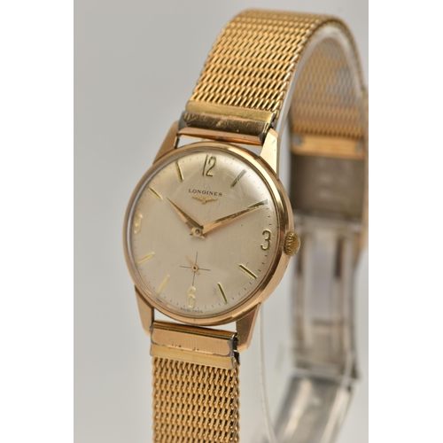 65 - A BOXED GENTS 'LONGINES' 9CT GOLD WRISTWATCH, manual wind, round silvered dial signed 'Longines', Ar... 