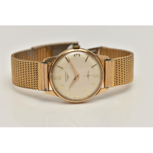 65 - A BOXED GENTS 'LONGINES' 9CT GOLD WRISTWATCH, manual wind, round silvered dial signed 'Longines', Ar... 