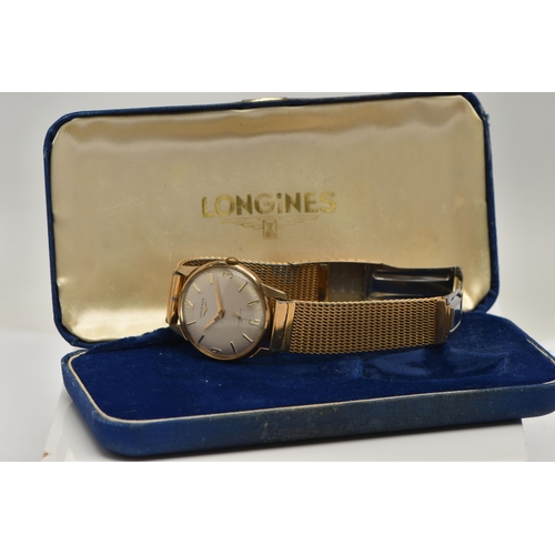 65 - A BOXED GENTS 'LONGINES' 9CT GOLD WRISTWATCH, manual wind, round silvered dial signed 'Longines', Ar... 