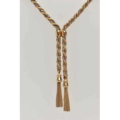 66 - A 9CT BI COLOUR GOLD TASSEL CHAIN NECKLACE, yellow and white gold rope twist chain with two tassel d... 