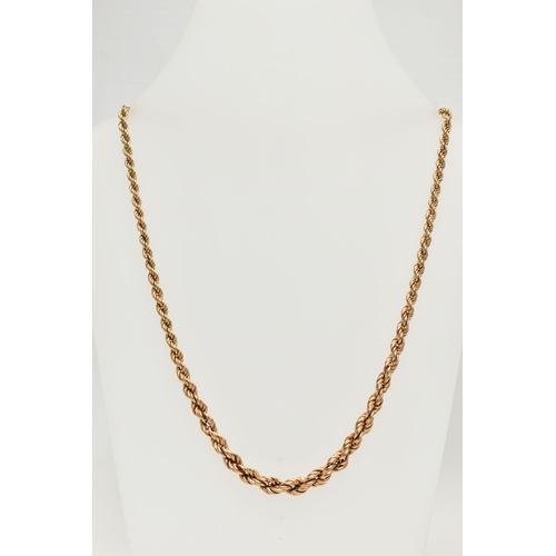 70 - A 9CT GOLD GRADUATED ROPE TWIST CHAIN, fitted with a spring clasp and additional discoloured safety ... 