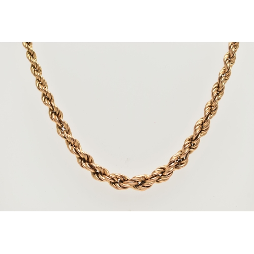 70 - A 9CT GOLD GRADUATED ROPE TWIST CHAIN, fitted with a spring clasp and additional discoloured safety ... 