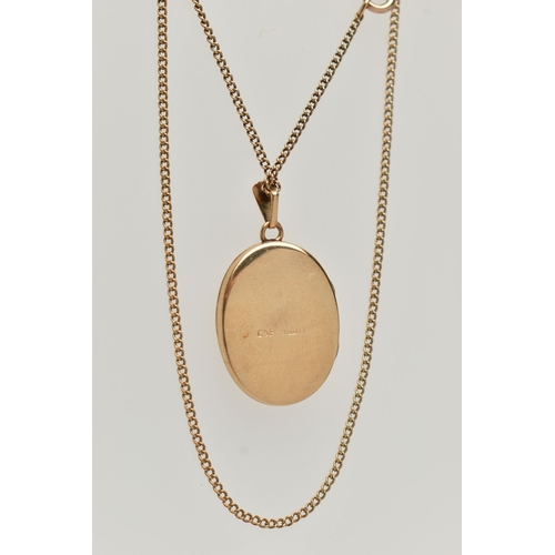 71 - A 9CT GOLD LOCKET AND CHAIN, oval locket with floral pattern, hallmarked 9ct Birmingham, opens to re... 