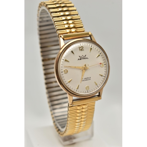 72 - A GENTS 9CT GOLD 'ASTRAL' WRISTWATCH, manual wind (missing crown), round silver dial signed 'Astral,... 