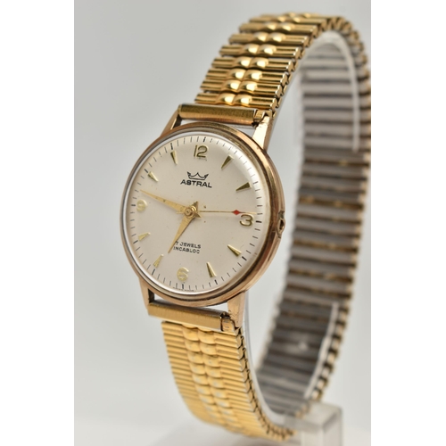 72 - A GENTS 9CT GOLD 'ASTRAL' WRISTWATCH, manual wind (missing crown), round silver dial signed 'Astral,... 