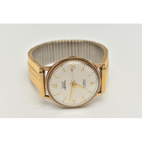 72 - A GENTS 9CT GOLD 'ASTRAL' WRISTWATCH, manual wind (missing crown), round silver dial signed 'Astral,... 