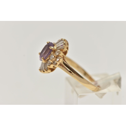 76 - A AMETHYST AND DIAMOND CLUSTER RING, principally set with an oval cut amethyst, ten round brilliant ... 