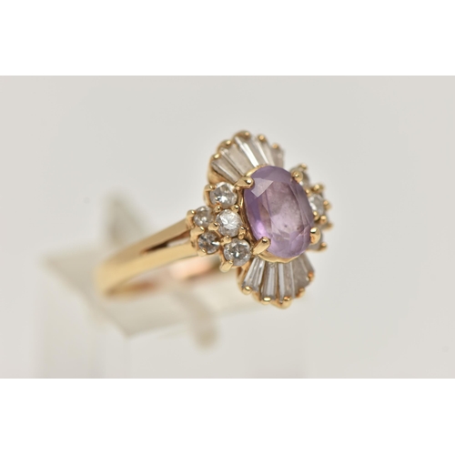 76 - A AMETHYST AND DIAMOND CLUSTER RING, principally set with an oval cut amethyst, ten round brilliant ... 