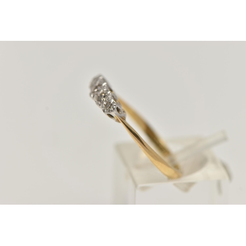 78 - AN 18CT GOLD FIVE STONE DIAMOND RING, five single cut diamonds, illusion set in white metal, leading... 