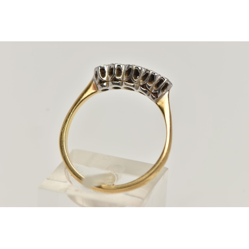 78 - AN 18CT GOLD FIVE STONE DIAMOND RING, five single cut diamonds, illusion set in white metal, leading... 