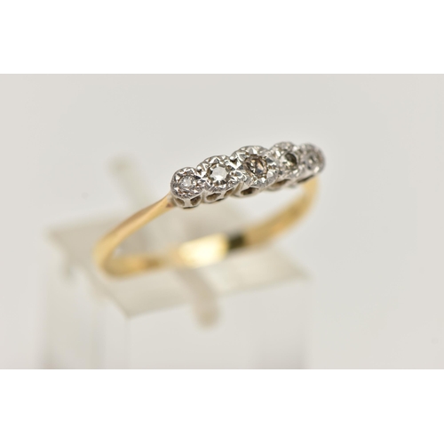 78 - AN 18CT GOLD FIVE STONE DIAMOND RING, five single cut diamonds, illusion set in white metal, leading... 