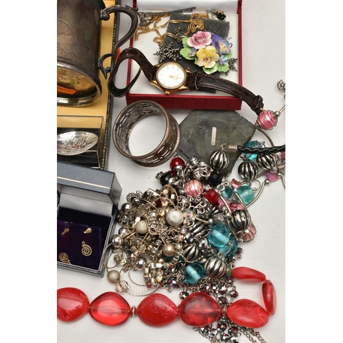 100 - A BOX OF ASSORTED COSTUME JEWELLERY, to include a blue lace agate pendant necklace stamped 925, an a... 