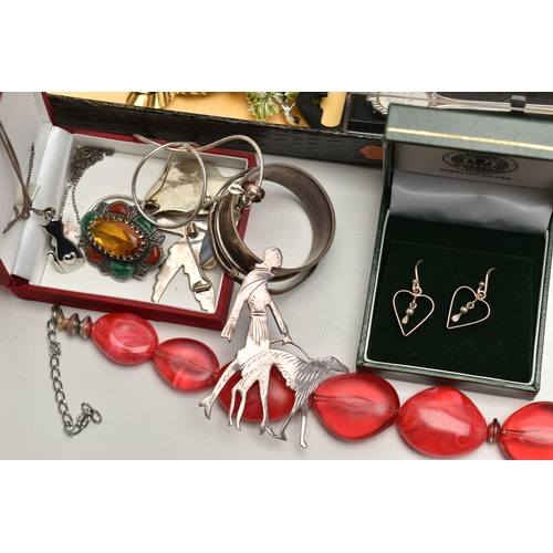 100 - A BOX OF ASSORTED COSTUME JEWELLERY, to include a blue lace agate pendant necklace stamped 925, an a... 