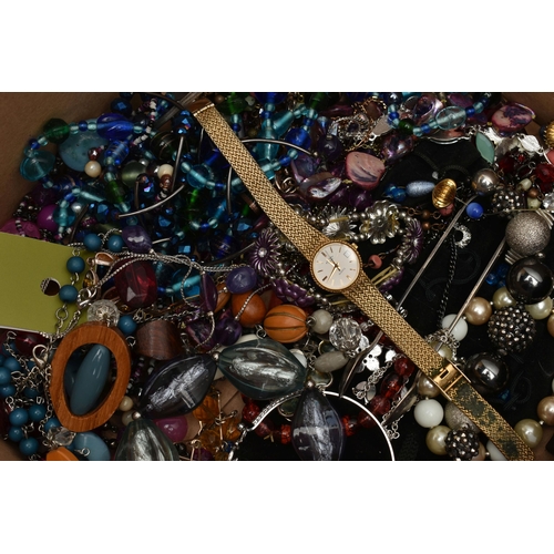 100 - A BOX OF ASSORTED COSTUME JEWELLERY, to include a blue lace agate pendant necklace stamped 925, an a... 