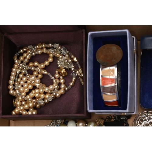 100 - A BOX OF ASSORTED COSTUME JEWELLERY, to include a blue lace agate pendant necklace stamped 925, an a... 