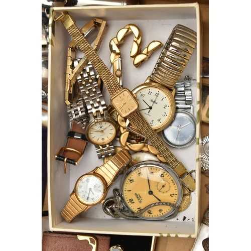 101 - A BOX OF ASSORTED ITEMS, to include ladys and gents fashion wristwatches with names to include 'Inge... 