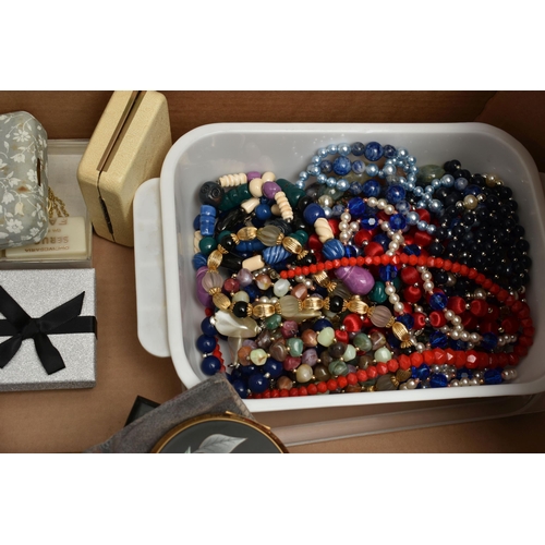 104 - A BOX OF ASSORTED COSTUME JEWELLERY, to include boxed sets of jewellery, imitation pearl necklaces, ... 