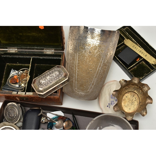 105 - A BOX OF ASSORTED ITEMS, to include a canteen of fish eaters, fitted with silver collars, hallmarked... 