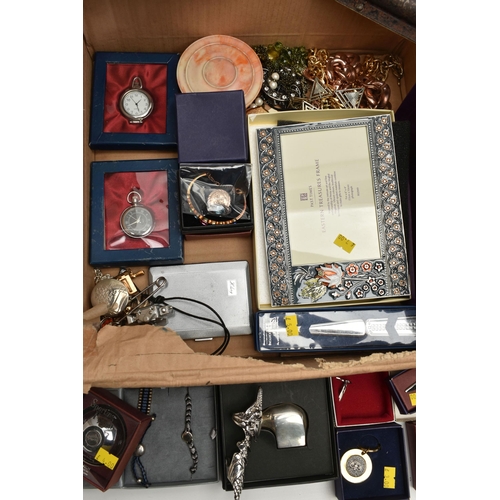 106 - A BOX OF ASSORTED ITEMS, to include a white metal and topaz brooch, a white metal St Christopher pen... 