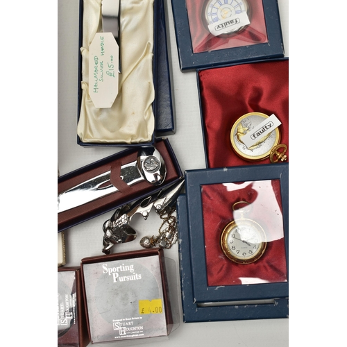 106 - A BOX OF ASSORTED ITEMS, to include a white metal and topaz brooch, a white metal St Christopher pen... 