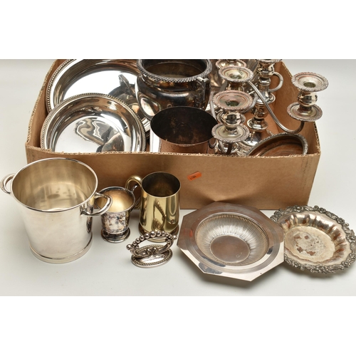 109 - A BOX OF ASSORTED WHITE METAL WARE, to include a pair of silver on copper three branch candlesticks,... 