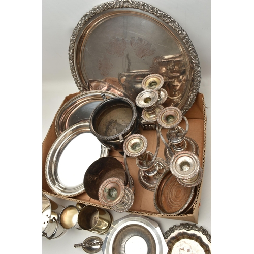 109 - A BOX OF ASSORTED WHITE METAL WARE, to include a pair of silver on copper three branch candlesticks,... 