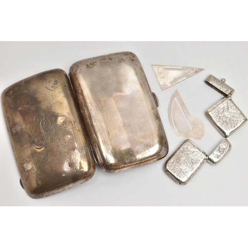 155 - A SILVER CIGARETTE CASE, TWO SILVER VESTA CASES AND TWO BOOK MARKS, polished rounded rectangular cas... 