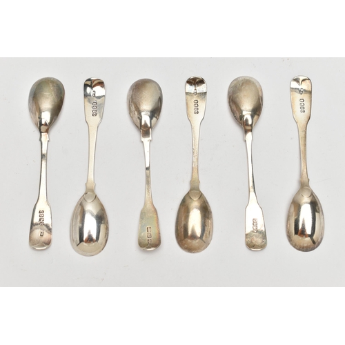 158 - SIX FIDDLE PATTERN TEA SPOONS, each engraved with initials to the terminal, Sponsors mark on four 'R... 